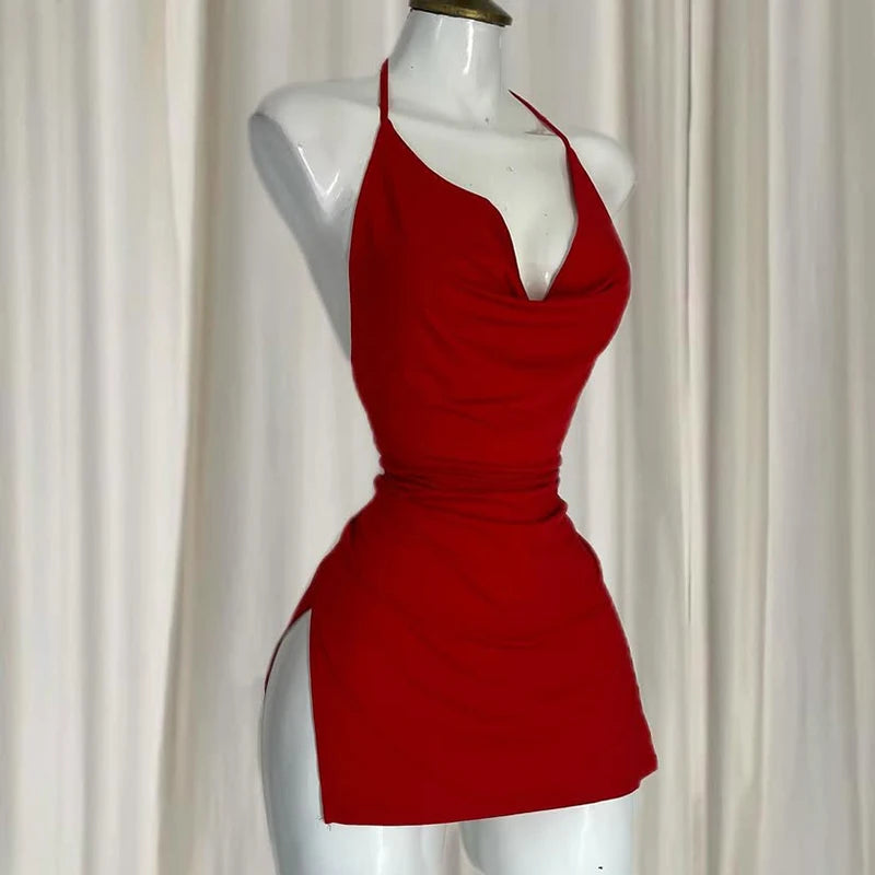 Women's Y2K Suspender Backless Evening Dress – V-Neck Slit Sexy Lingerie Nightdress | S–XL (Red, Black)