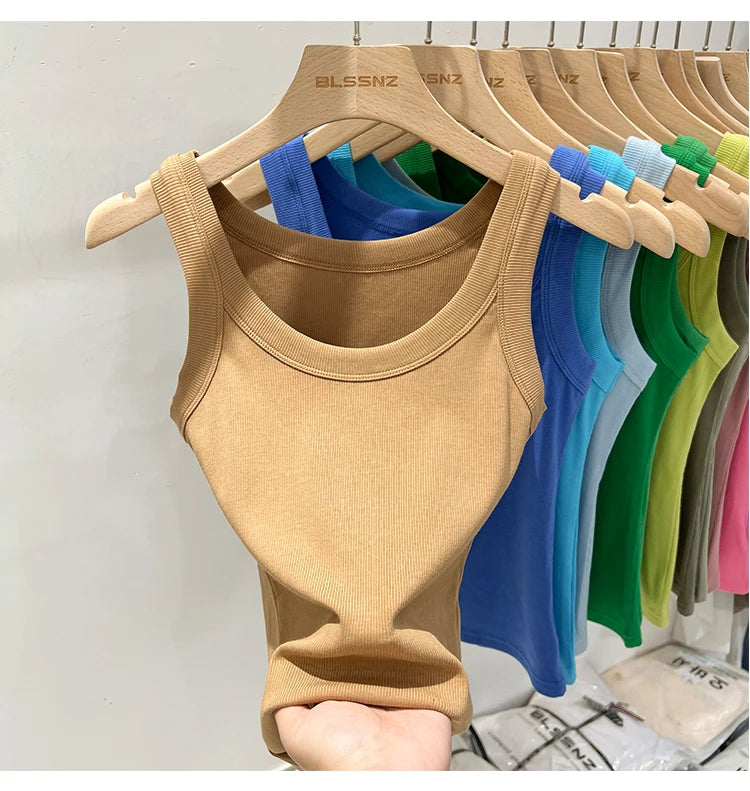 AOSSVIAO Women Solid Round Neck Ribbed Tank Top Camisole Women 2026 Summer Basic Elastic Tank Top O Neck Solid Tank Top