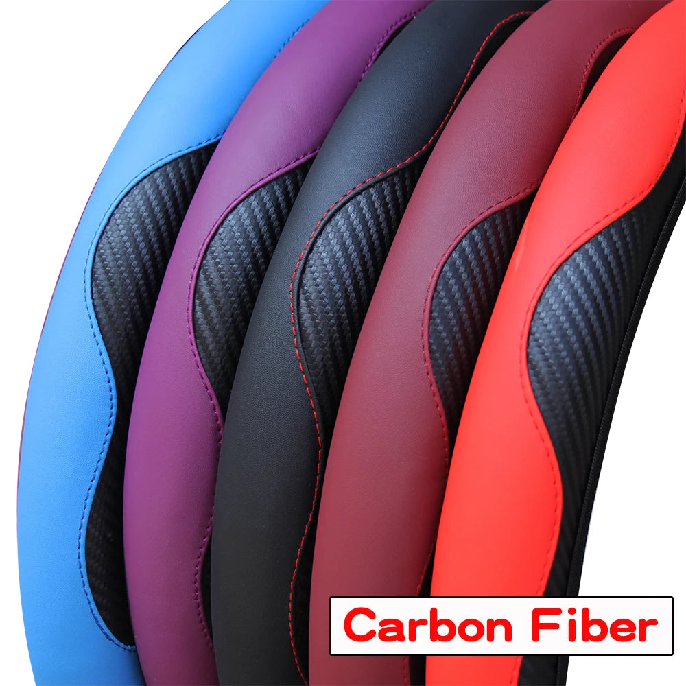 Carbon Fiber PU Leather Steering Wheel Cover – Universal Fit 14.5–15 Inch | Anti-Slip Car Interior Accessory