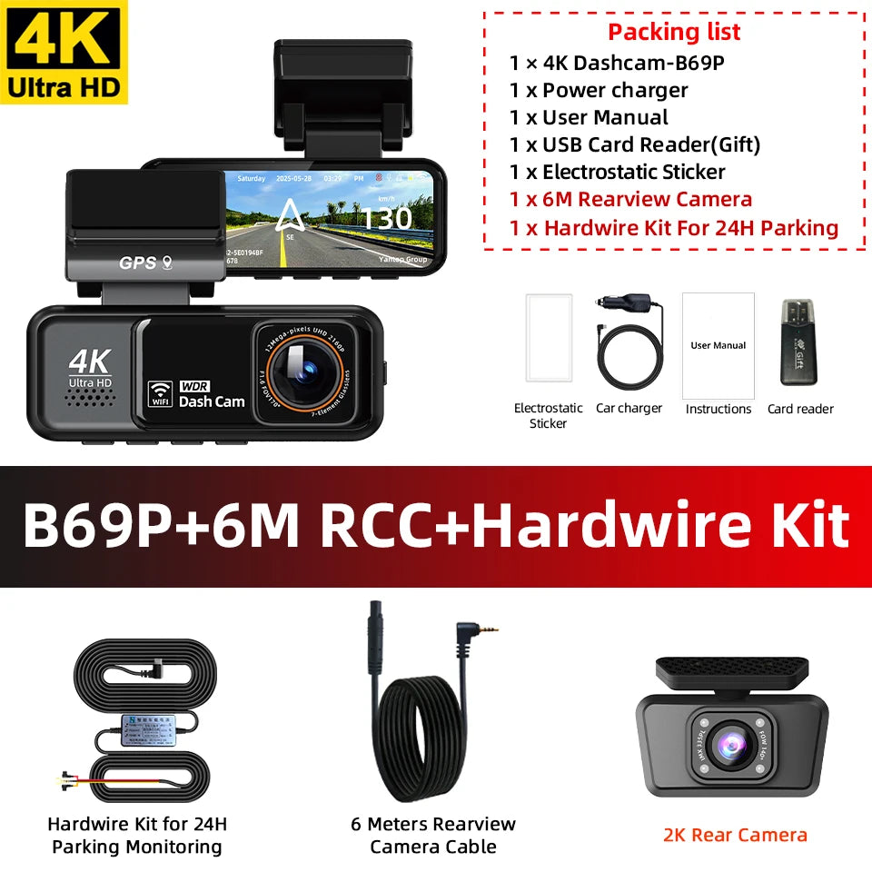 Acceo 4K Dashcam WIFI GPS CAR Video Recorder Dual Lens Support 2.5K Rear Camera Night Vision 24H Parking Monitoring Black Box