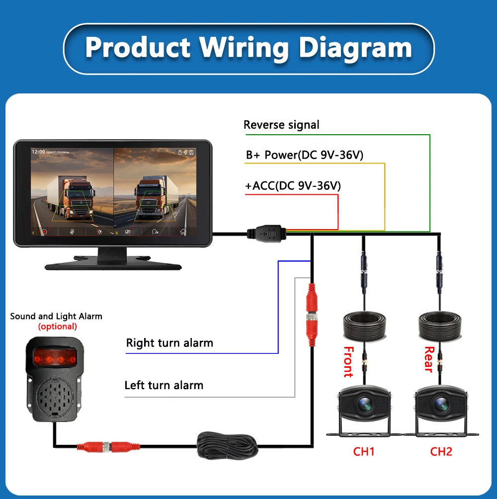 7 inch Truck DVR System BSD Sound and Light Alarm 2CH 1080P Night Camera Touch Screen MP5 BT AHD Monitor 24H Parking Recorder