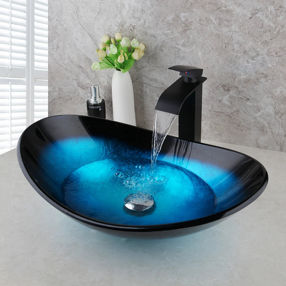 JIENI Tempered Glass Hand Painted Waterfall Spout Basin Black Tap Bathroom Sink Washbasin Bath Brass Set Faucet Mixer Taps Blue