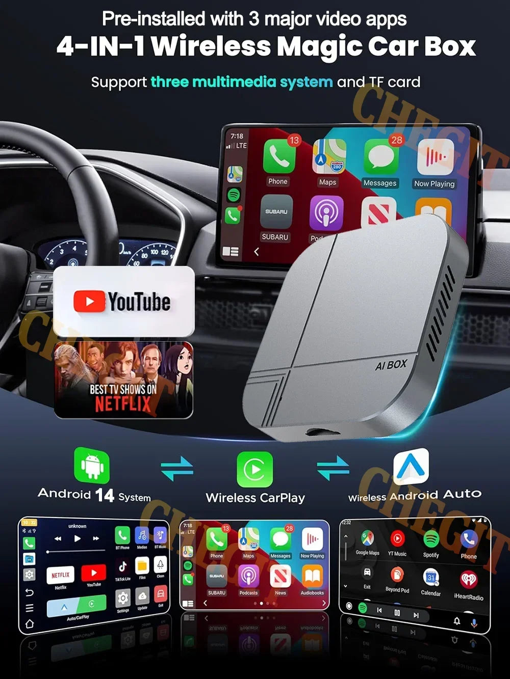 2026 Android AI Box 4G+64G/2G+32G Wireless CarPlay Adapter Android Auto TV Box For Youtube Netflix For VW Toyota Hyundai Ford