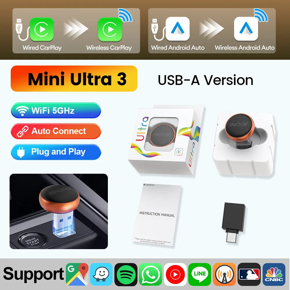 Mini 2-in-1 Wireless CarPlay & Android Auto Adapter (5.8GHz)