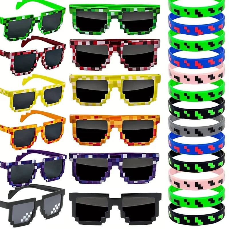 Pixel Theme Party Favors Pixelated Sunglasses Silicone Bracelets Birthday Decoration Party Supplies Gift