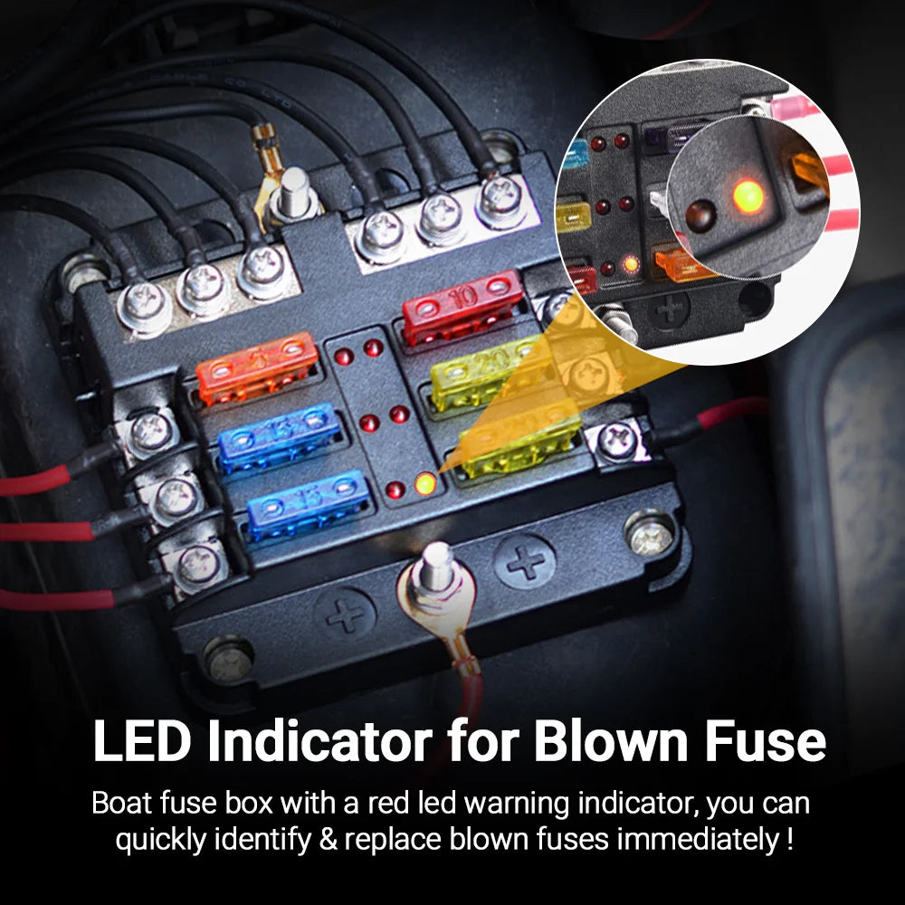 6-12 Way Blade Fuse Block Fuse Box Holder Cover With LED Indicator For a Pillar Switch Panel 12V-24V Board Camper RV Boat