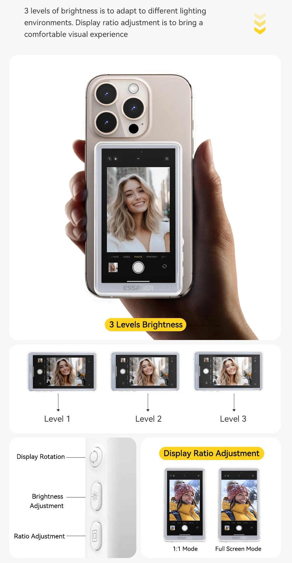 ESSAGER Magnetic Phone Selfie Monitor Screen for Smartphone Rear Camera Selfie Vlog Live Stream for iPhone Android phone