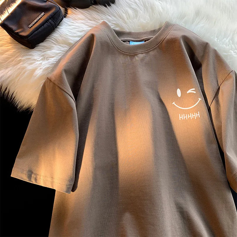 Smiley Face Print T-Shirt — Unisex Oversized Casual Short-Sleeve Tee