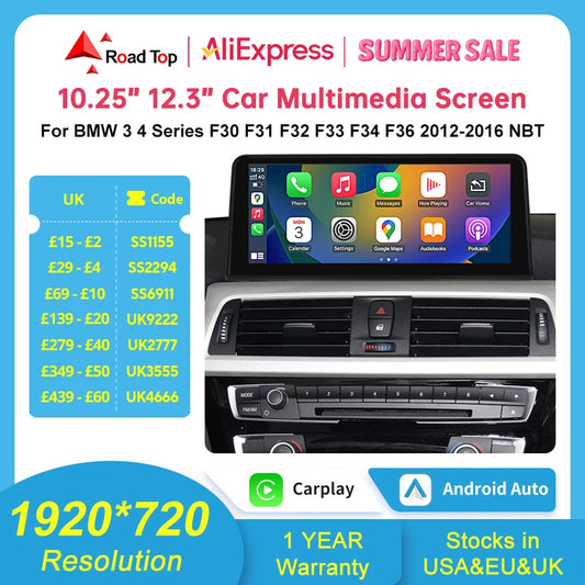 10.25" Wireless CarPlay & Android Auto Display for BMW 3/4 Series F30 F31 F32 F33 F34 F36 NBT — 1920×720 Touchscreen