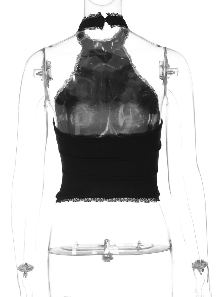 Dulzura Halter Sleeveless Crop Top Vest 2026 Summer Women Lace Patchwork Sexy Rhinestones Y2K Vintage Elegant Club