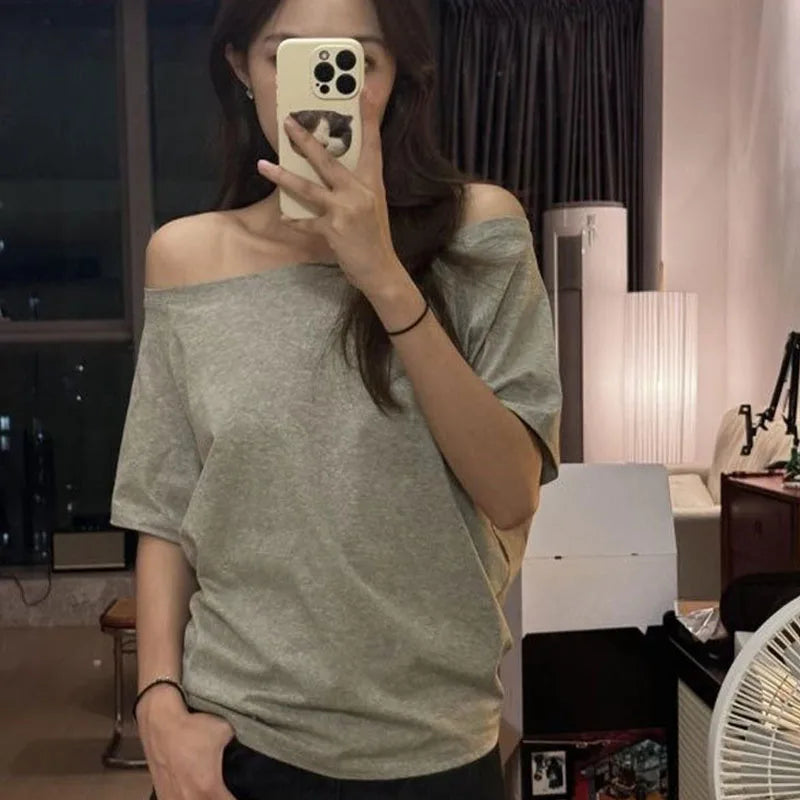 Women's Solid Skew-Collar T-Shirt — Slim-Fit Short-Sleeve Summer Tee