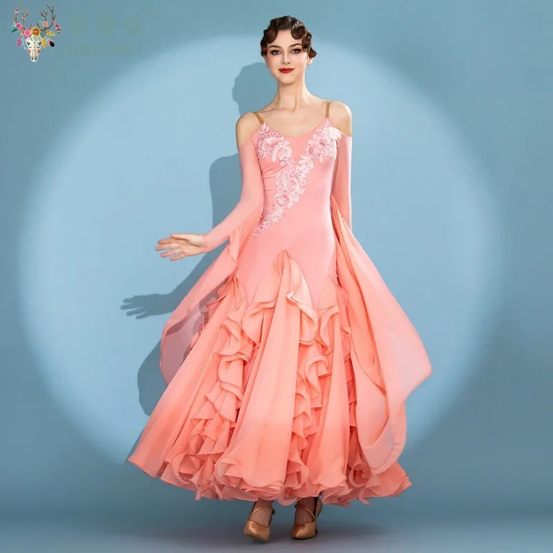 Women's off-shoulder long-sleeve ballroom performance dress