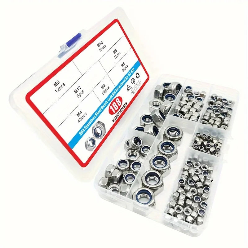 188/230/300pcs 304 Stainless Steel Lock Nut Assortment Kit  Metric Nylon Insert Locknut M3 M4 M5 M6 M8 M10 M12