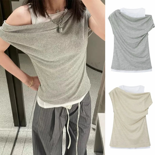 ETJ 2026 new  women's fashion color-blocking and patchwork fake two-piece sexy off-the-shoulder short-sleeved T-shirt top