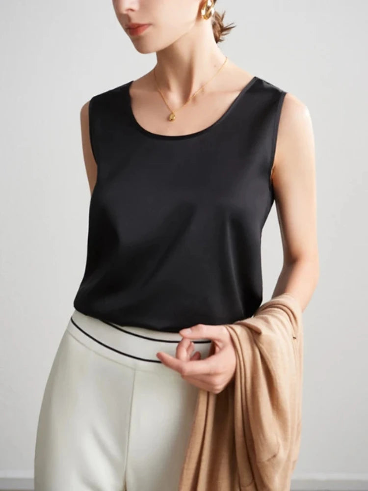 Summer Satin Mulberry Silk Tank Top Casual Versatile Champagne Tops Woman 2026 New Fashion Elegant Vest Loose Sleeveless T-shirt