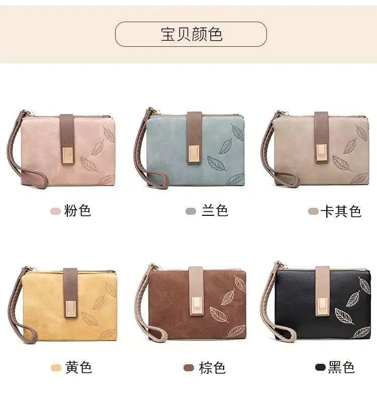Spring/Summer 2026 new women's short wallet, high-quality PU hardware leaf buckle, solid color zipper, student coin coin purse,