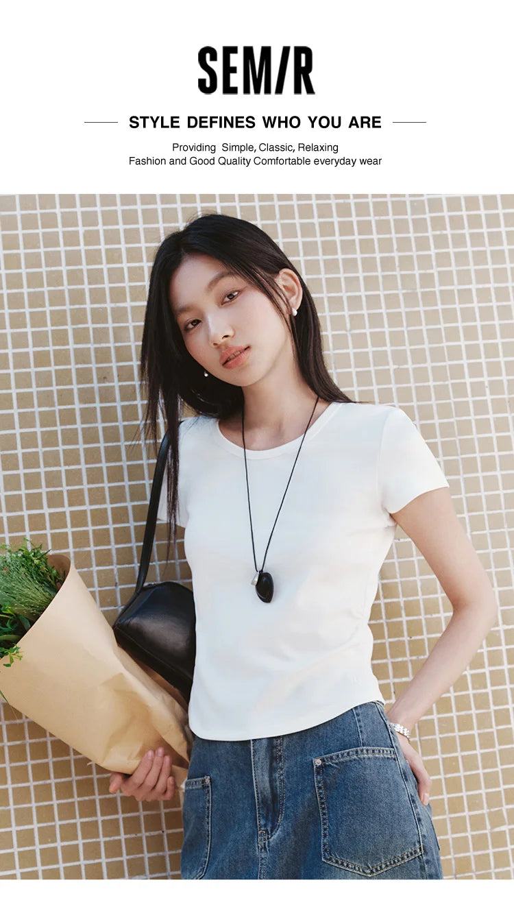 Semir Short Sleeve T-Shirt Women Cropped Slim Fit Shoulder Fit Design 2026 New Summer Embroidered Top Versatile for Chic Outfits