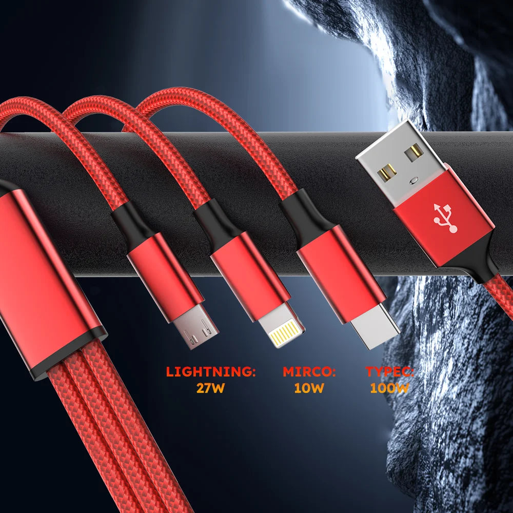4pcs 3in1 USB-C Fast Charging Cable with Lightning Micro Type C Multi Interface Data Cable Suitable for Iphone Samsung Xiaomi