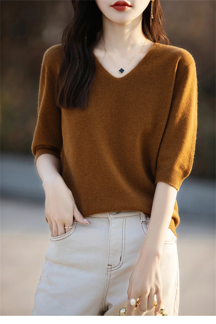 RONGYI Spring/Summer 2026 Ladies Sweater Pullover Solid Color V-neck Half-sleeved Knitted Cashmere Sweater Thin Casual Top
