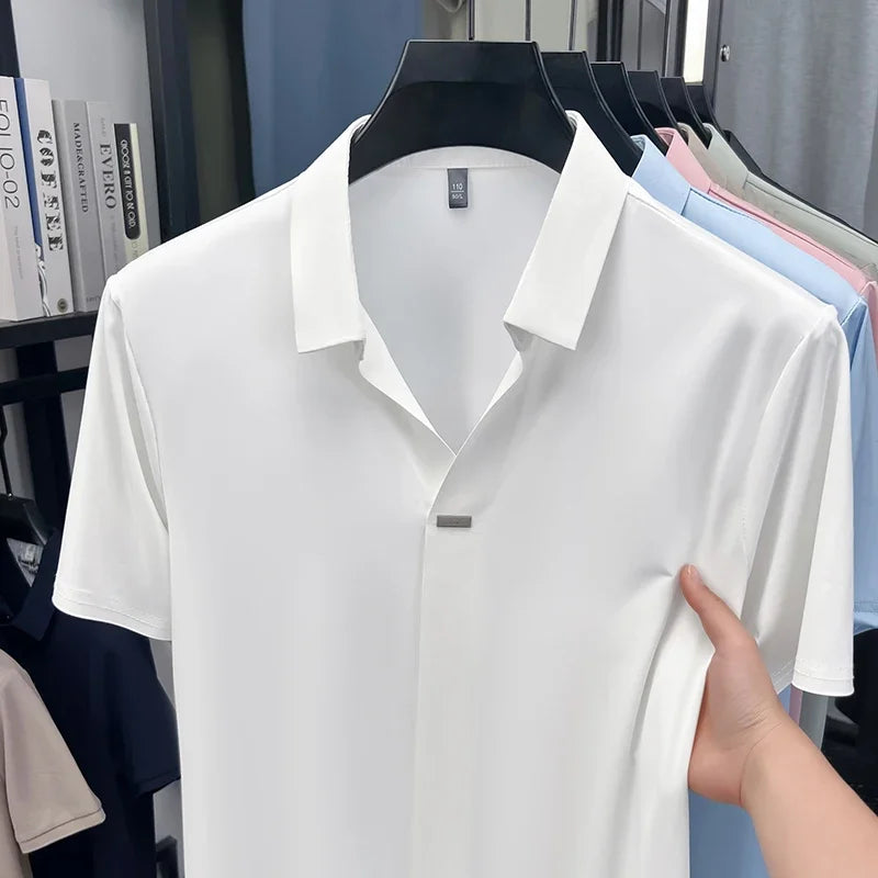 Men's Ice-Silk Polo - Seamless Notch Lapel, Metal-Button Placket