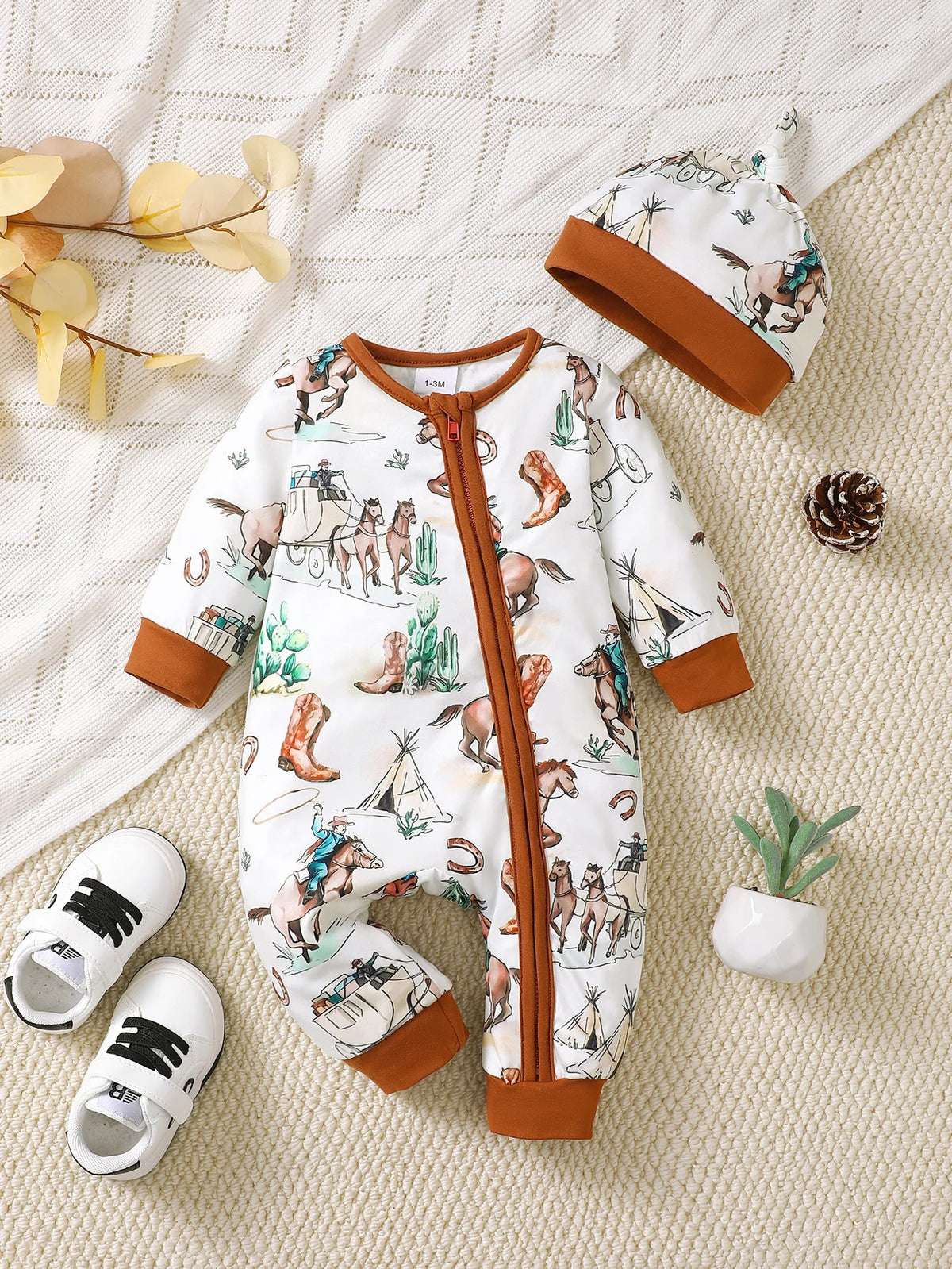 Baby Boy Bear Print Romper - Long Sleeve Button-Front Onesie - photo 4