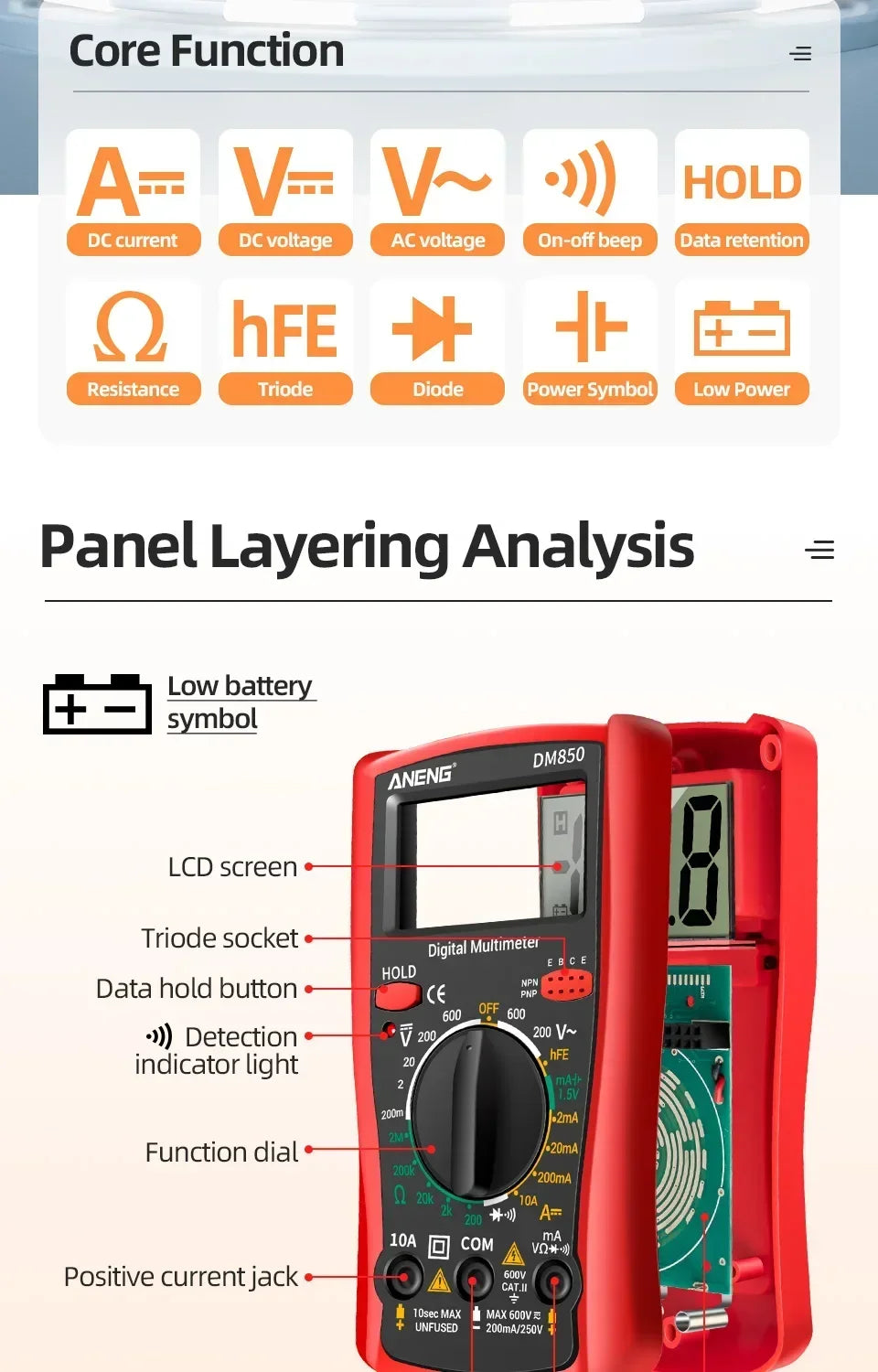 Smart Digital Multimeter Automatic 1999 Count AC/DC Current Voltage Handheld ANENG DM850 Buzzer Resistance Diode Electrician Tes