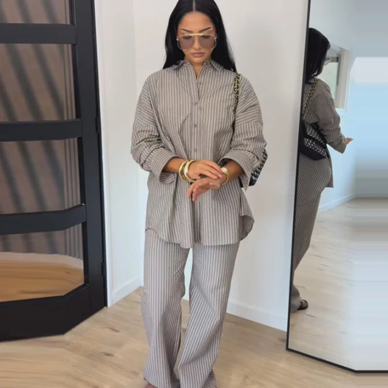 Lapel Short-Sleeve Shirt & Straight Pants Set — 2-Piece