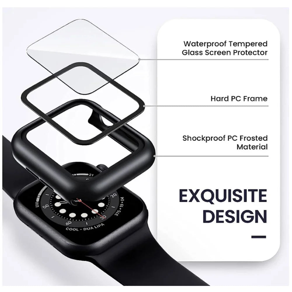 Apple Watch Tempered Glass Case + Screen Protector – Series 1–11, SE & Ultra 2 (38–46mm)