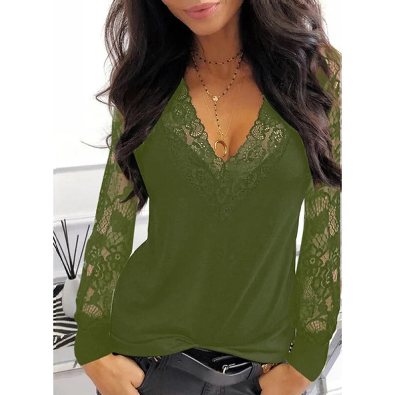 New Ladies Shirt Sexy Fashion Lace Stitching Hollow Leisure White Black Slimming V-Neck T-Shirt Womens Clothes for Spring/Summer