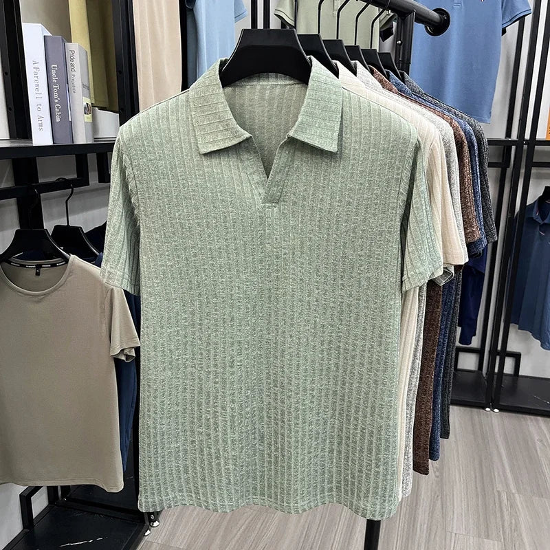Men's Knitted Polo Tee - V-Neck Stripe, Lightweight Breathable