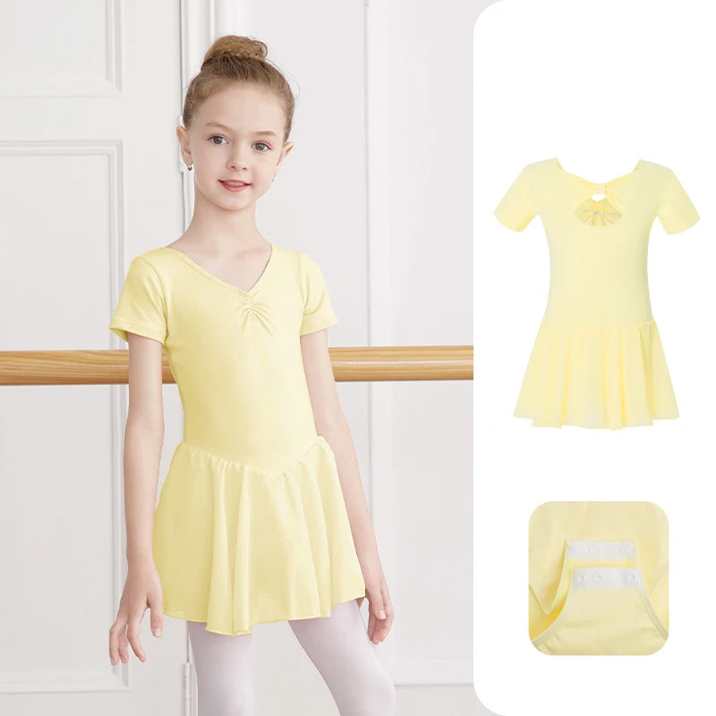 Girl Ballet Leotard with Chiffon Tulle Skirt Kids Bowknot Lyrical Dance Dress Short/Long Sleeve Bodysuit Back Bow Tie Dance Wear