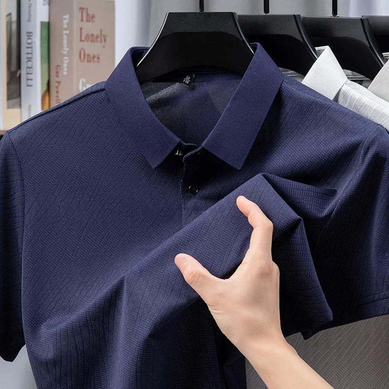 Men's Textured Polo Shirt - Solid Lapel, Breathable Office Casual