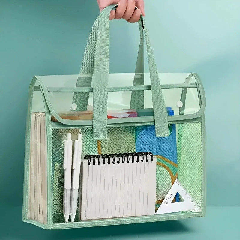 PVC Transparent Book Bag – Waterproof Sealed, Double-Layer Storage, Handle File Pouch, Study Organizer, Snap Design, Heavy-Duty