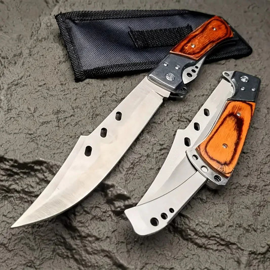 Outdoor Folding Knife with Nylon Sheath - Wood Handle Camping Pocket Knife