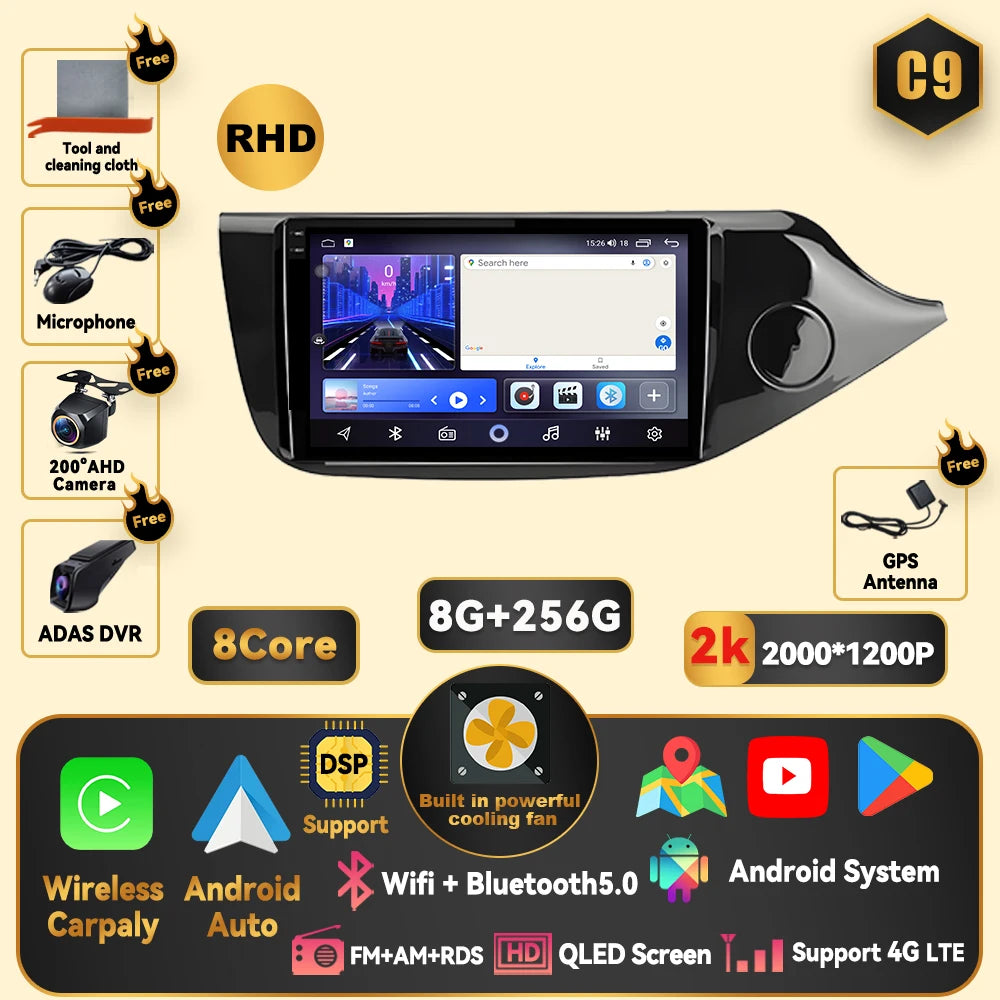 Android 15 Carplay For Kia CEED 2 JD 2012 - 2018 Car Radio Stereo Multimidia Player GPS Bluetooth DSP 2din Stereo QLED Screen