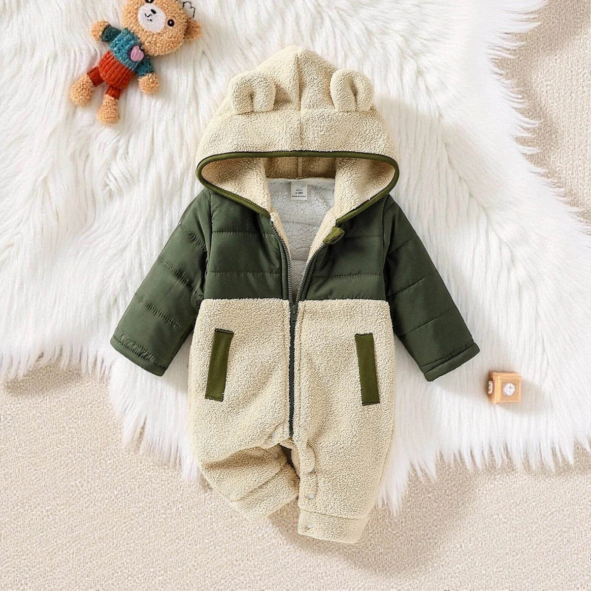 Bear Ear Fleece Baby Romper - Hooded Winter Onesie 0-24 Months