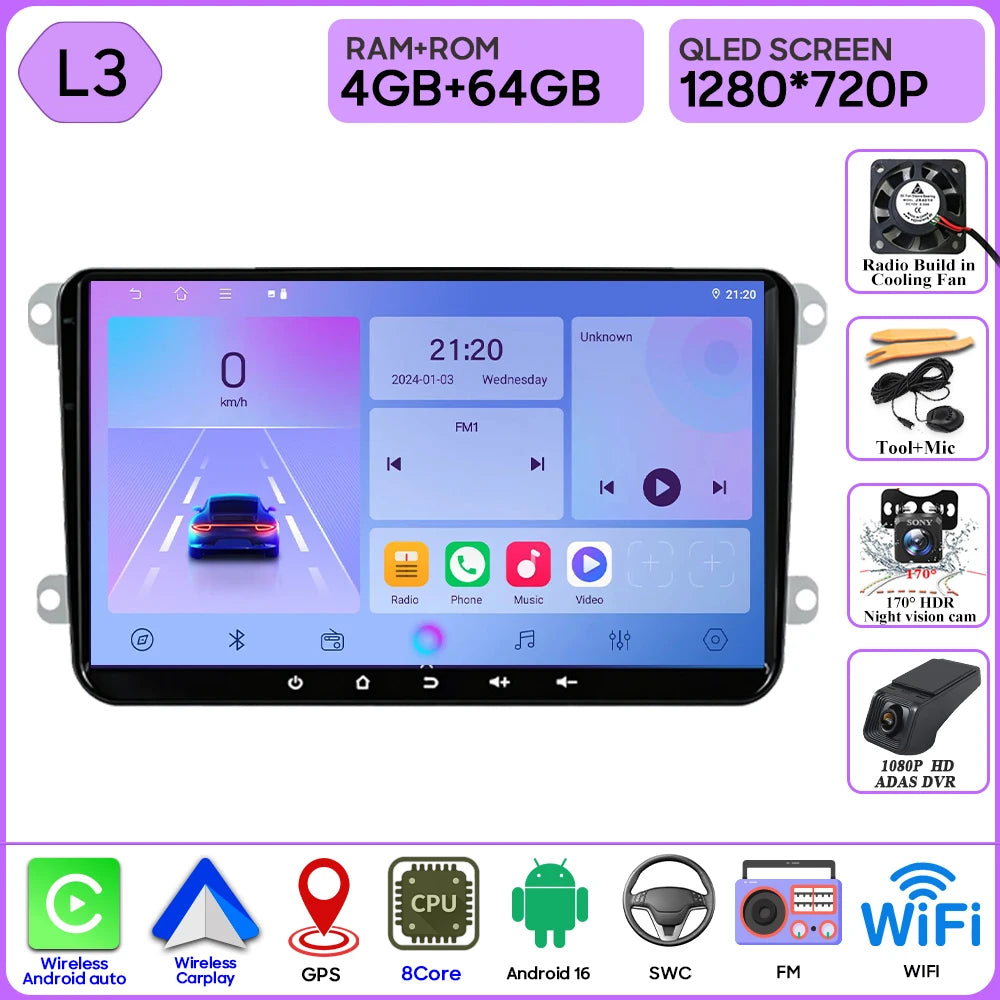 9" Android Car Stereo for VW T5, Jetta, Passat B6, Golf MK6, Tiguan, Touran, Scirocco & Skoda Rapid, Octavia, Seat Leon — CarPlay, GPS