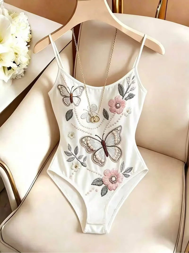 White Butterfly Floral Embroidery Bodysuit Women Spaghetti Strap Ballet Dancewear