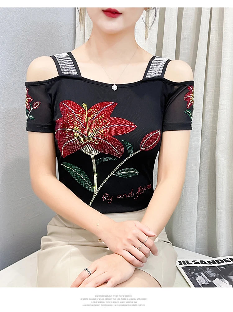 Women's Off-Shoulder Rhinestone Mesh Top