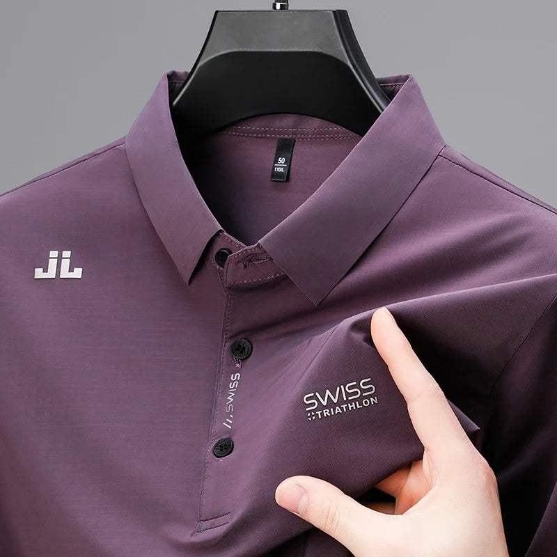 Men's Badge Polo Shirt - Solid Color, Breathable Business Casual