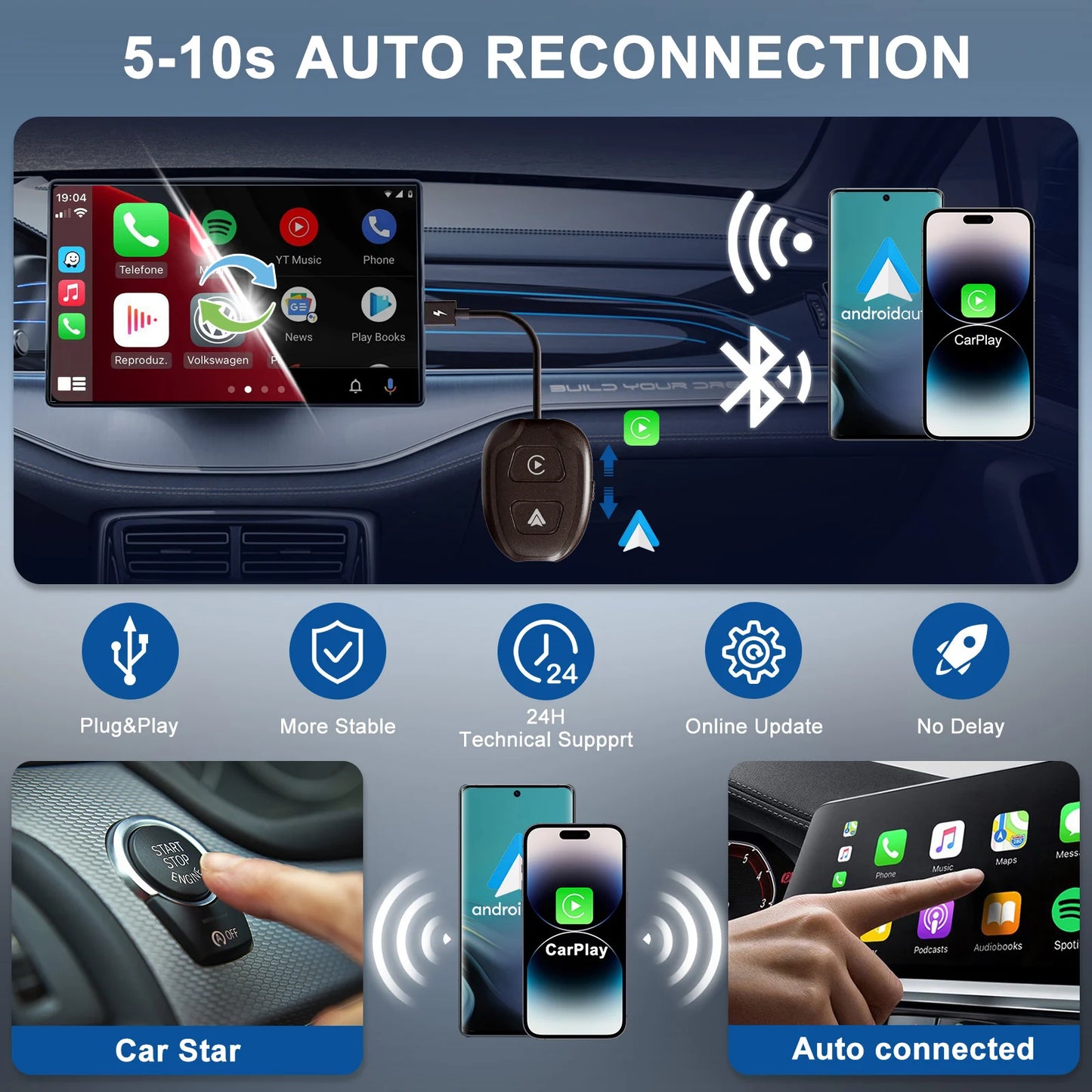 Wireless Android Auto & CarPlay 5.8 GHz Adapter for OEM Wired CarPlay & Android Auto Cars Convert Wired to Wireless