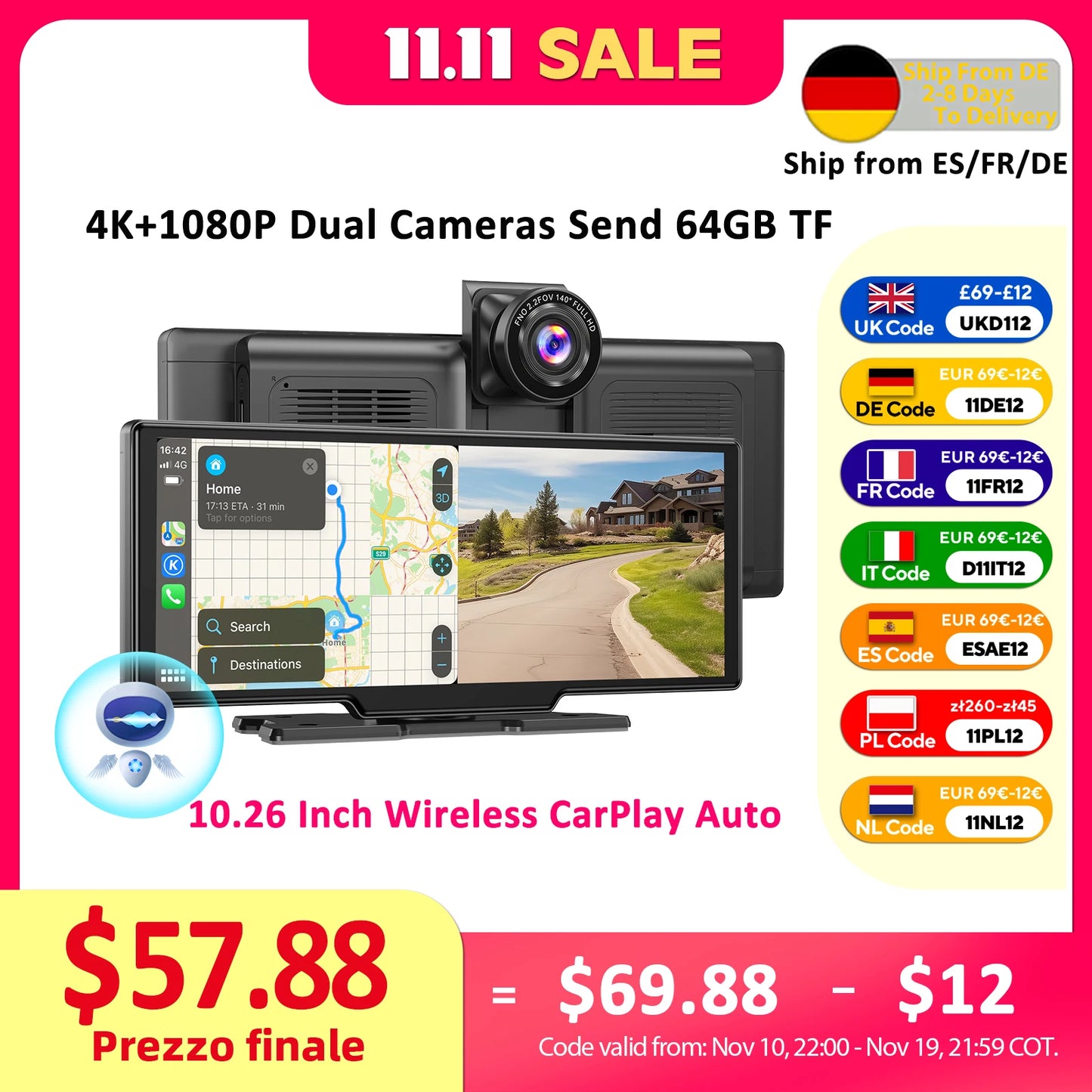 ESSGOO 10.26" Wireless CarPlay & Android Auto Dash Cam ADAS 4K DVR Bluetooth Audio AUX GPS Navigation Dashboard Video Recorder