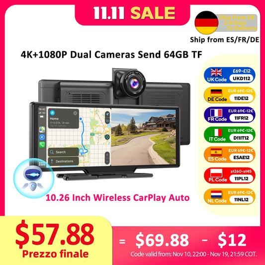 ESSGOO 10.26" Wireless CarPlay & Android Auto Dash Cam ADAS 4K DVR Bluetooth Audio AUX GPS Navigation Dashboard Video Recorder