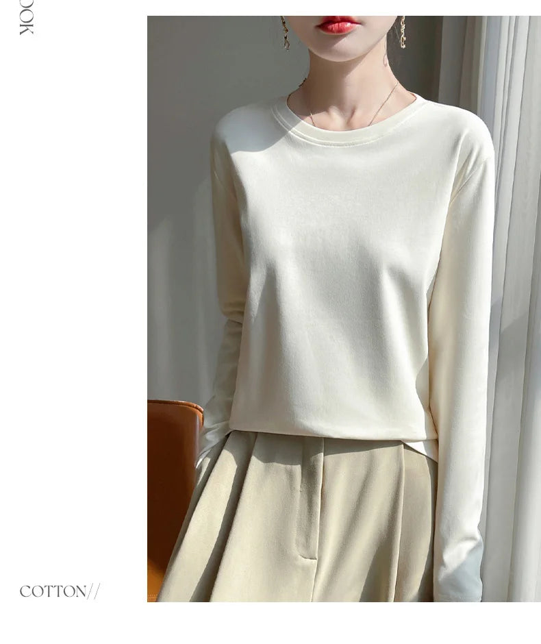 Spring And Summer New Mercerized Cotton Long Sleeve T-shirt Women's Round Neck Loose 100% Cotton Bottoming T-shirt