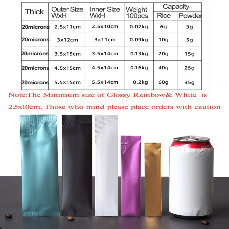 50PCS Open Top Aluminum Foil Bags Coffee Fruit Dried Milk Sugar Honey Powder Disposable Heat Sealing Rectangular Package Pouches
