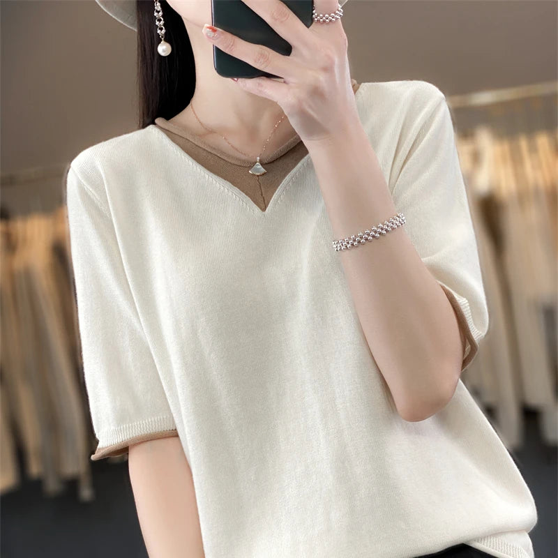 Pure Cotton Hollow Short-Sleeved Ladies Spring And Summer Loose Slim New Joker Knit Bottoming T-Shirt