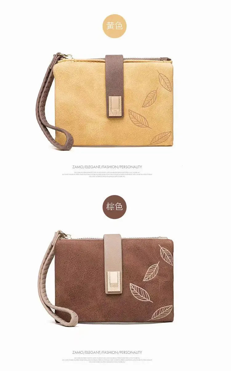 Spring/Summer 2026 new women's short wallet, high-quality PU hardware leaf buckle, solid color zipper, student coin coin purse,