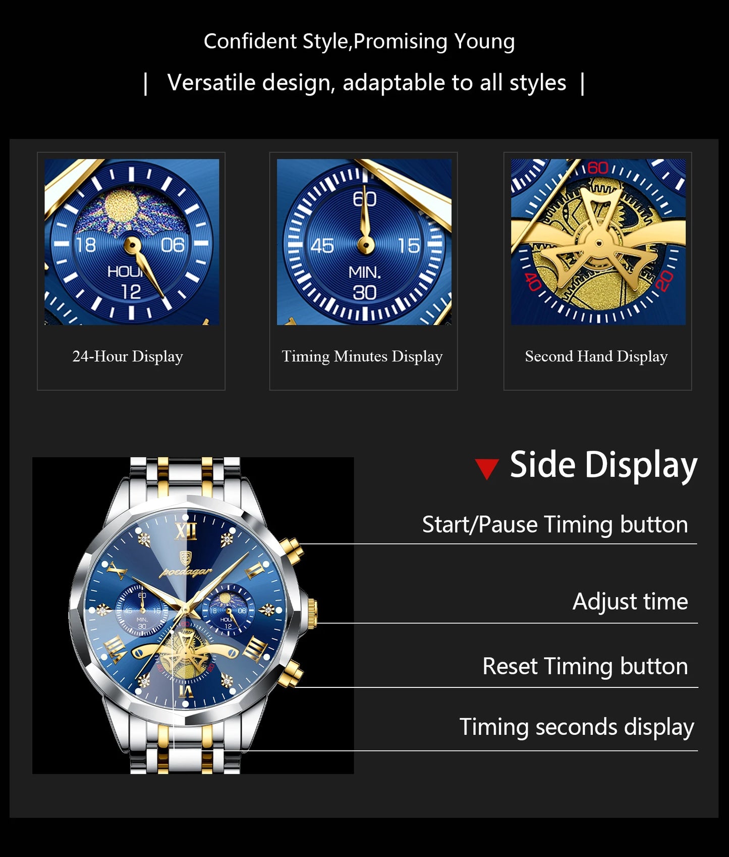 POEDAGAR Luxury Men's Quartz Watch – Waterproof Luminous Chronograph Stainless Steel Wristwatch (Model 938)