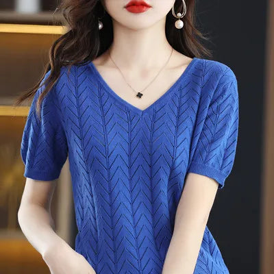 Women's T-shirt Summer New 100% Cotton Pullover Short Sleeve Casual Solid Women's Sweater Loose Fashion V-Neck Top T-shirt