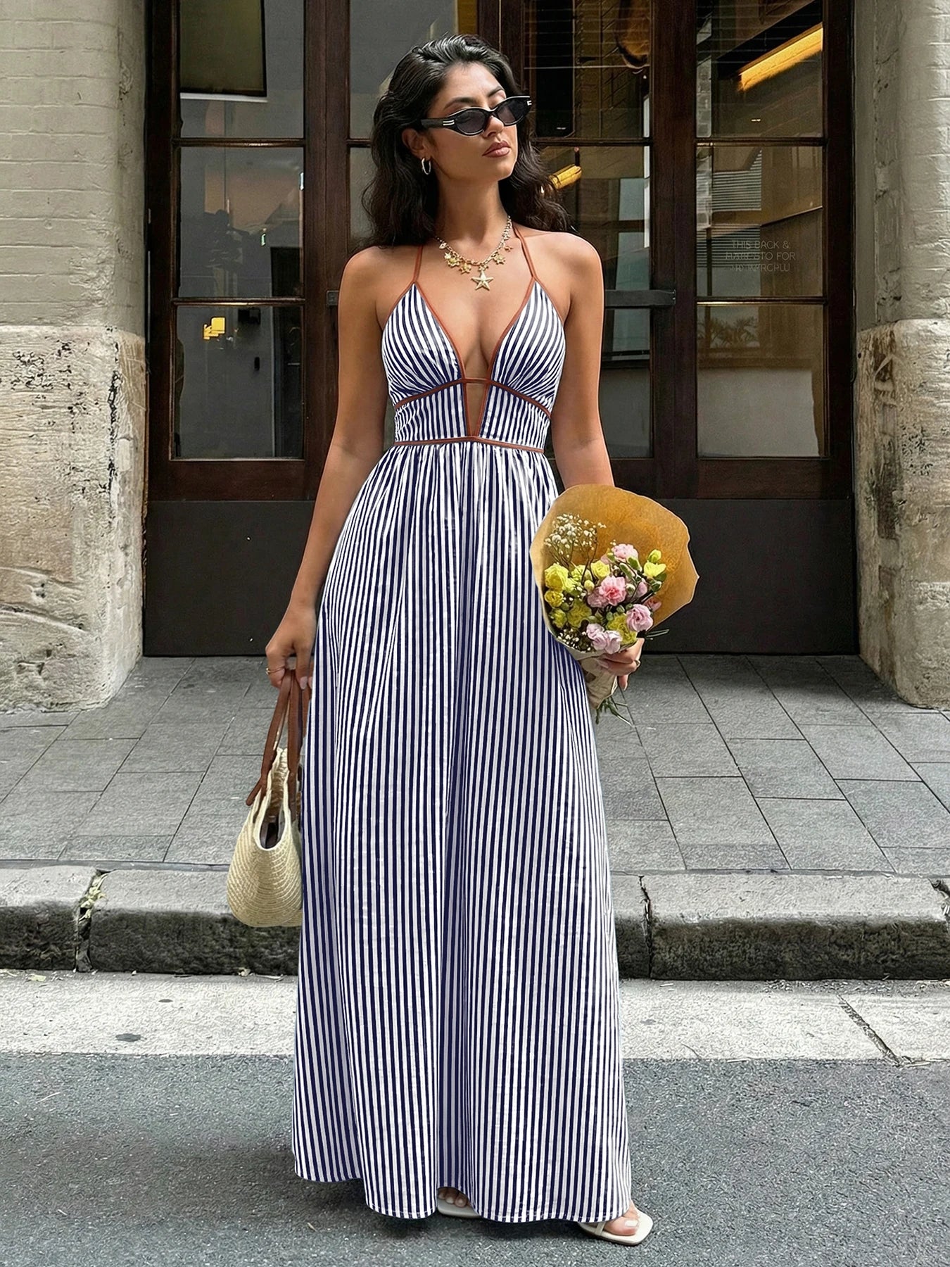 2026 Summer New Style Deep V-neck Striped Beach Dress, Sexy Backless Sleeveless Neckline Long Dress